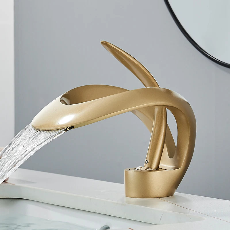 Solid Brass Waterfall Basin Faucet Single Handle Hot Cold Water Mixer Tap For Bathroom Sink