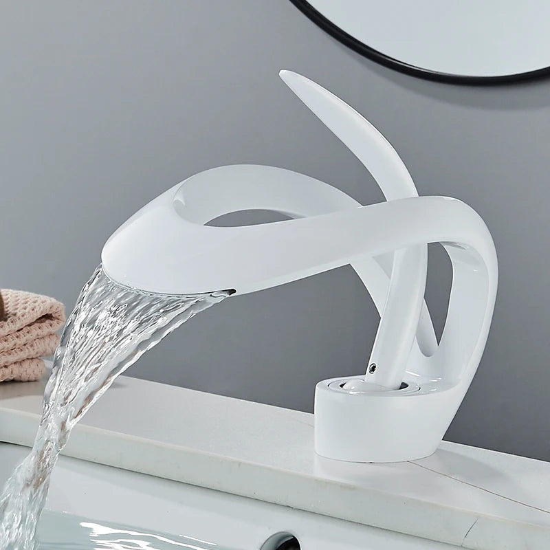 Solid Brass Waterfall Basin Faucet Single Handle Hot Cold Water Mixer Tap For Bathroom Sink