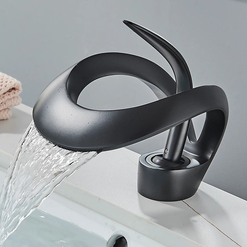 Solid Brass Waterfall Basin Faucet Single Handle Hot Cold Water Mixer Tap For Bathroom Sink