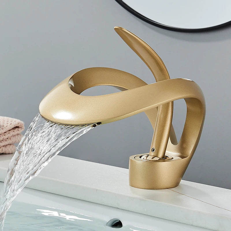 Solid Brass Waterfall Basin Faucet Single Handle Hot Cold Water Mixer Tap For Bathroom Sink
