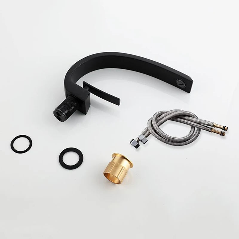 Bathroom Basin Faucet Arc Waterfall Tap Deck Mount Single Handle Single Hole Cold Hot Water Mixer Washing Sink Crane