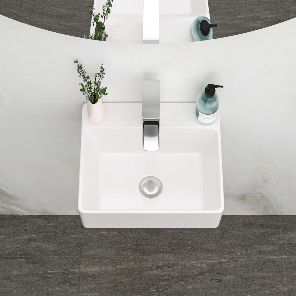 White Ceramic Rectangular Wall Mount Bathroom Sink w/Single Faucet Hole ( Faucet and Sink Undermount Not Included)