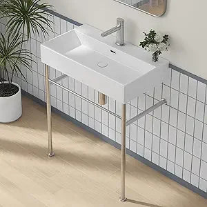Console Bathroom Sink, Free Standing 30"x16" w/Stainless Steel Support Pedestal Legs