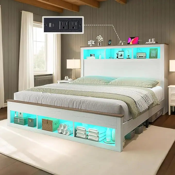 Queen Size Bed with Bookcase Storage Headboard and Footboard