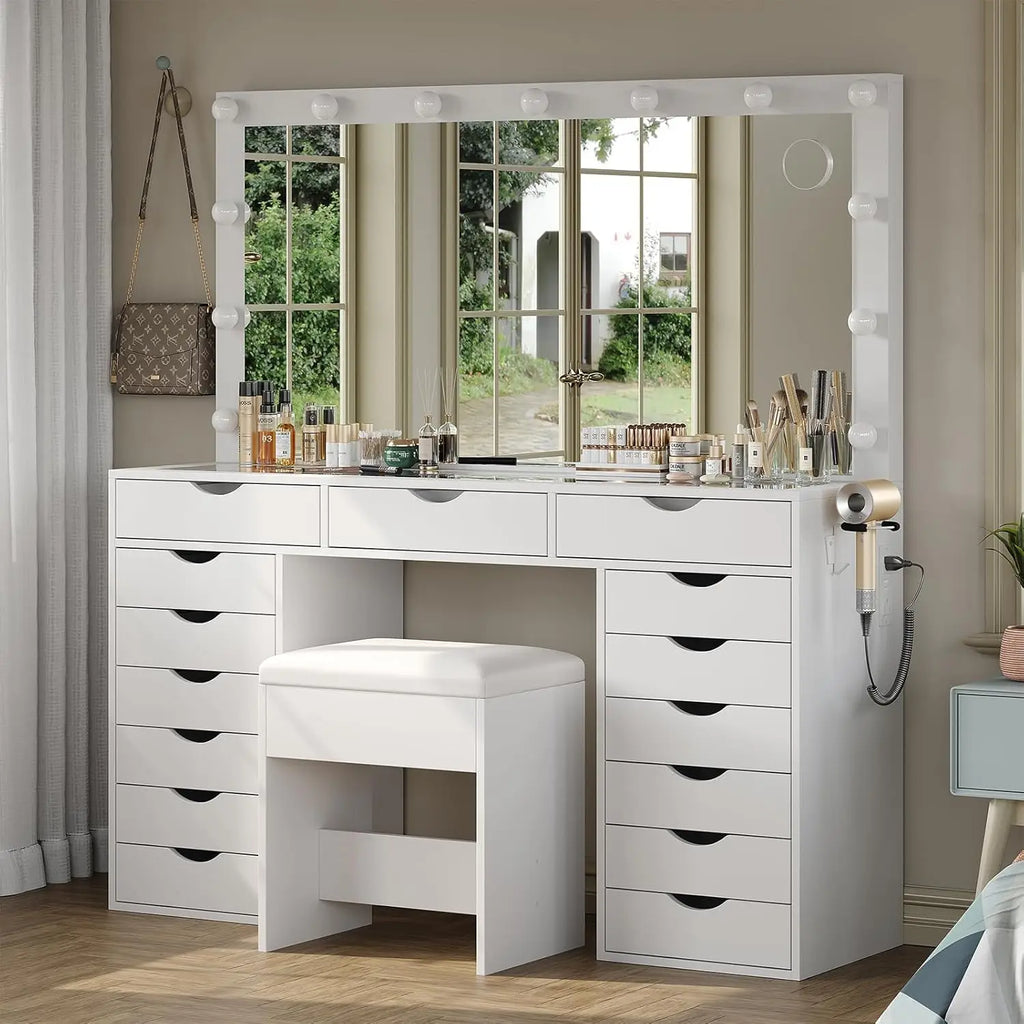 Vanity Desk with Mirror and Lights, Makeup Table with Charging Station
