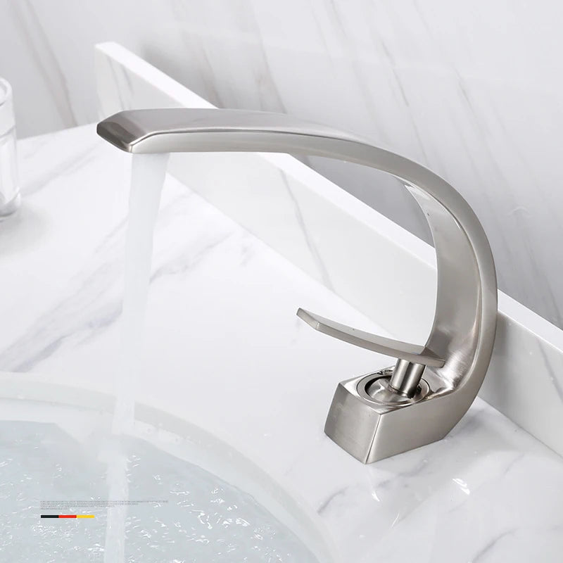 Bathroom Basin Faucet Arc Waterfall Tap Deck Mount Single Handle Single Hole Cold Hot Water Mixer Washing Sink Crane