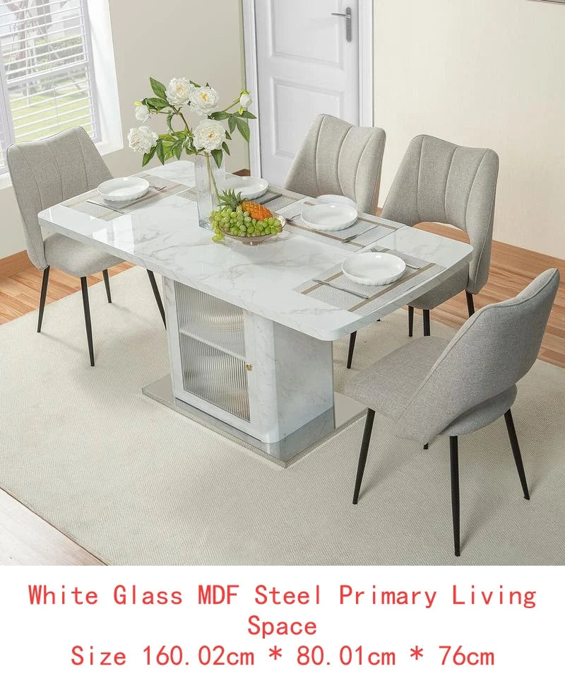 Expandable Square Dining Table with Printed White Marble Top and Storage Cabinet