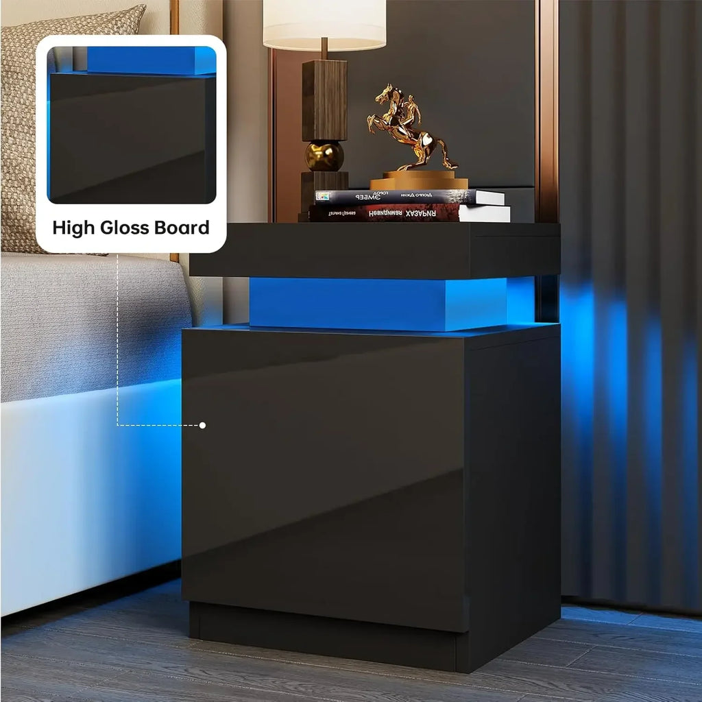 LED Nightstands Set of 2, Night Stand with Storage Cabinet