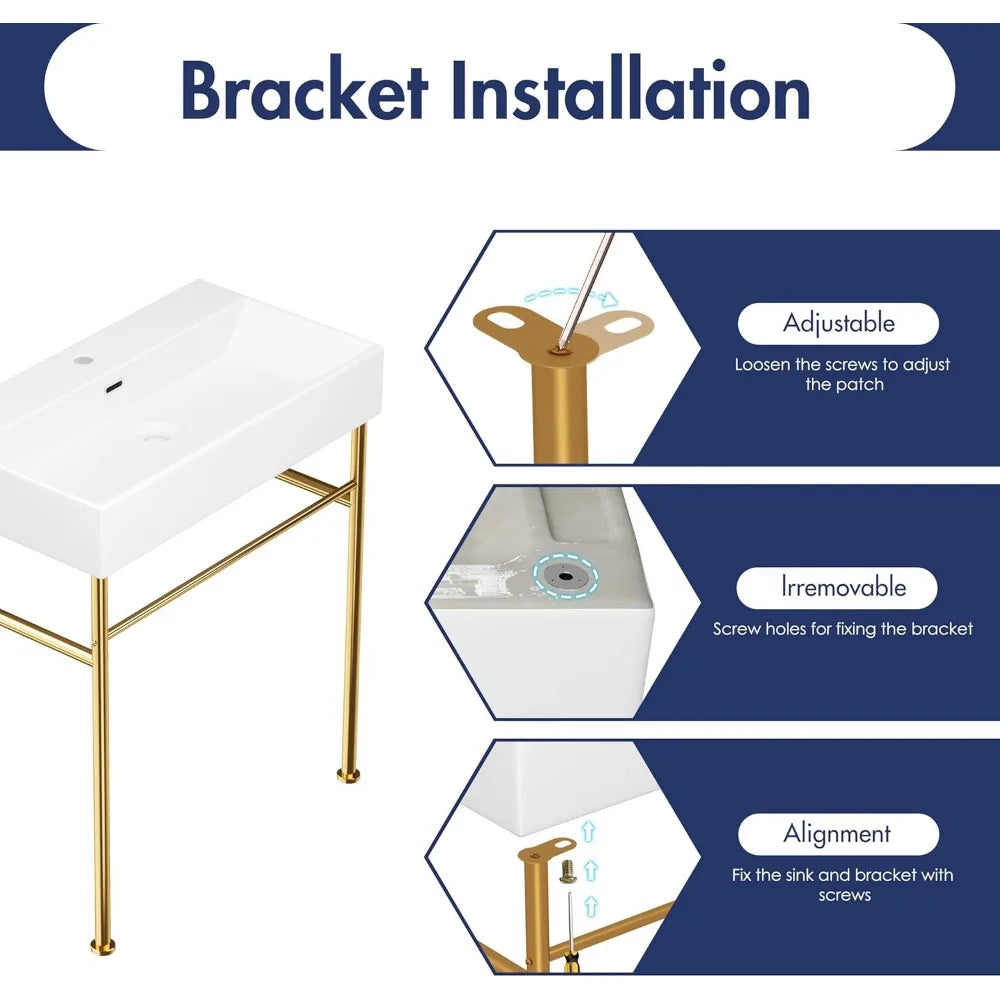 Console Bathroom Sink, Free Standing 30"x16" w/Stainless Steel Support Pedestal Legs