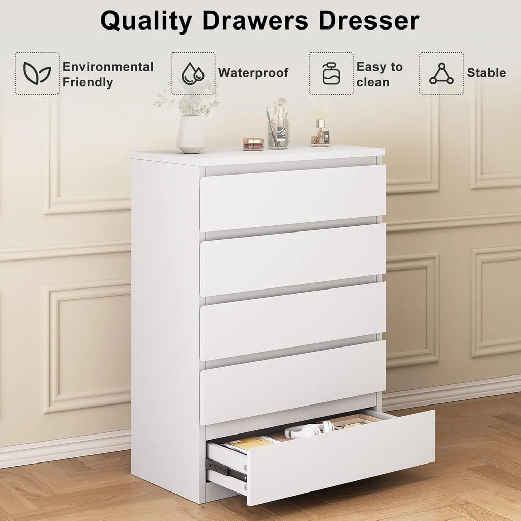 White 5 Wood Storage Dresser