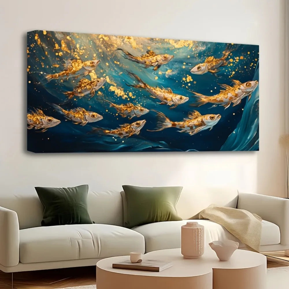 Goldfish Dancing in Blue Ocean Art Painting w/1.5 inch thick pine wood frame