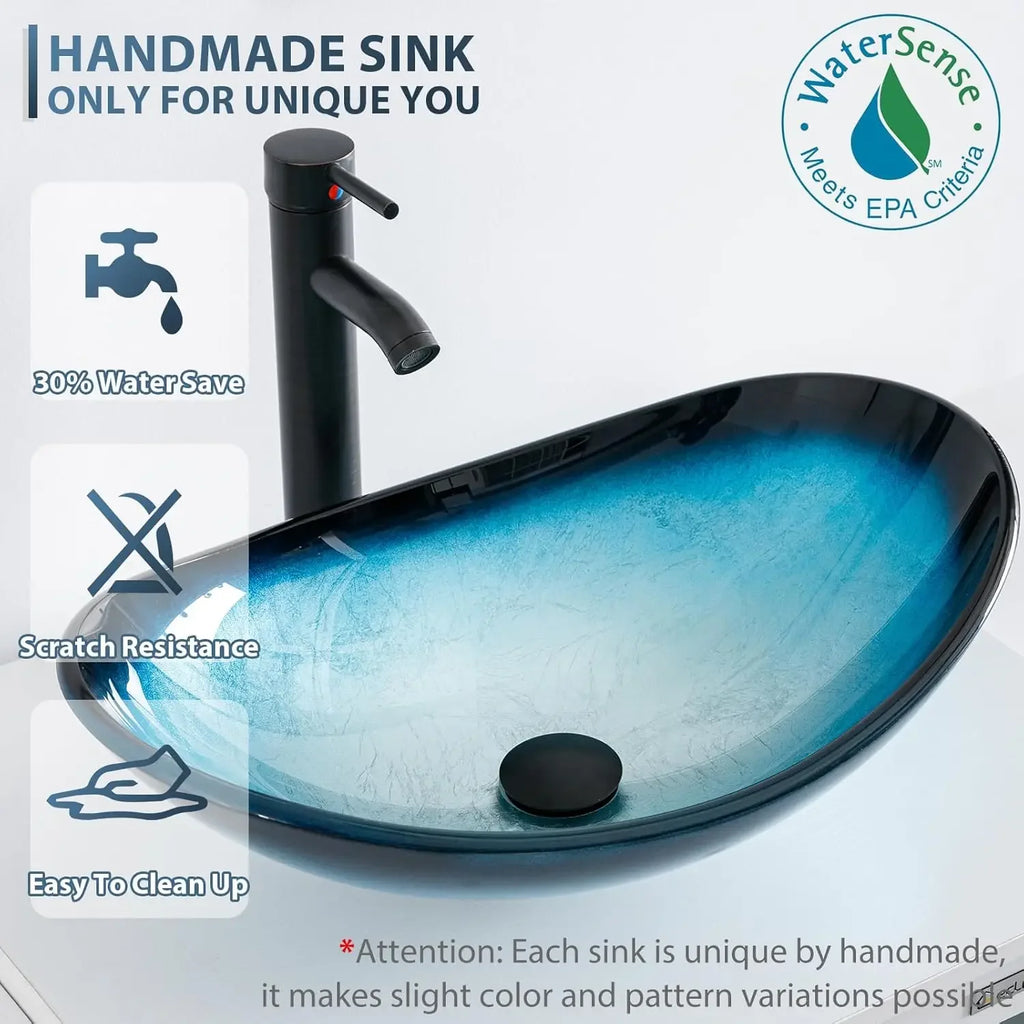 Vanity Sink Combo Black Stand Cabinet with Blue Boat Tempered Glass Vessel Sink w/Faucet