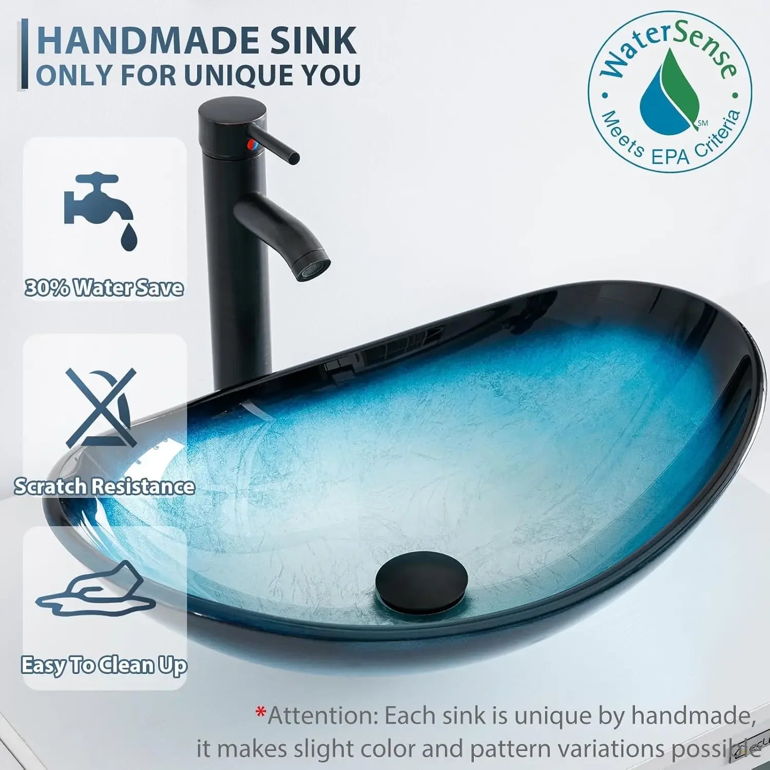 Vanity Sink Combo Black Stand Cabinet with Blue Boat Tempered Glass Vessel Sink w/Faucet