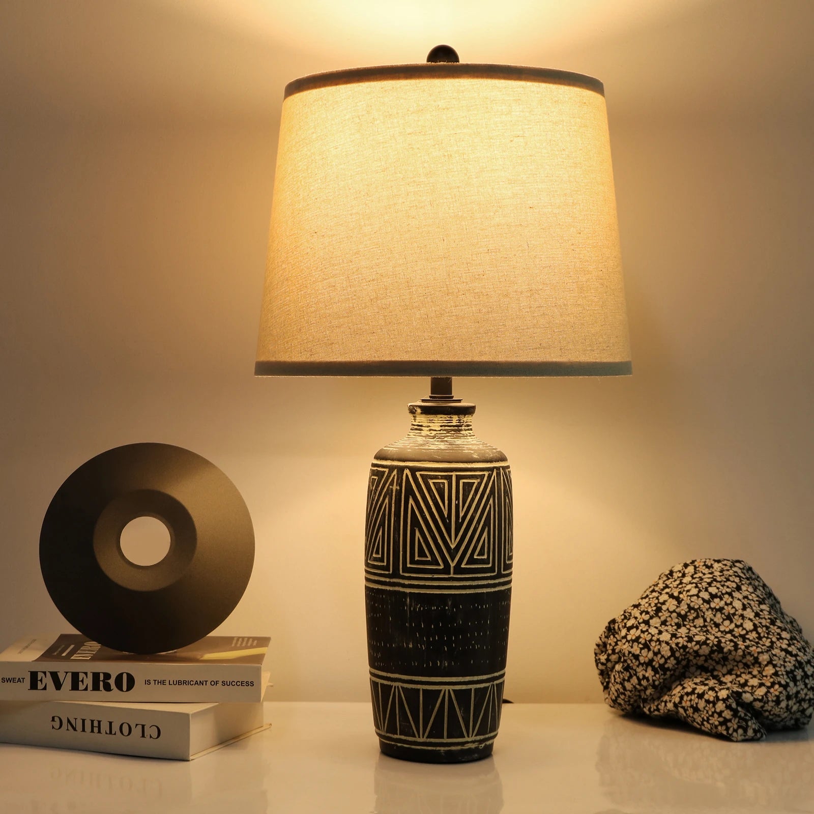 Carved Geometric Ceramic Table Lamp With Linen Shade with Rustic Accent