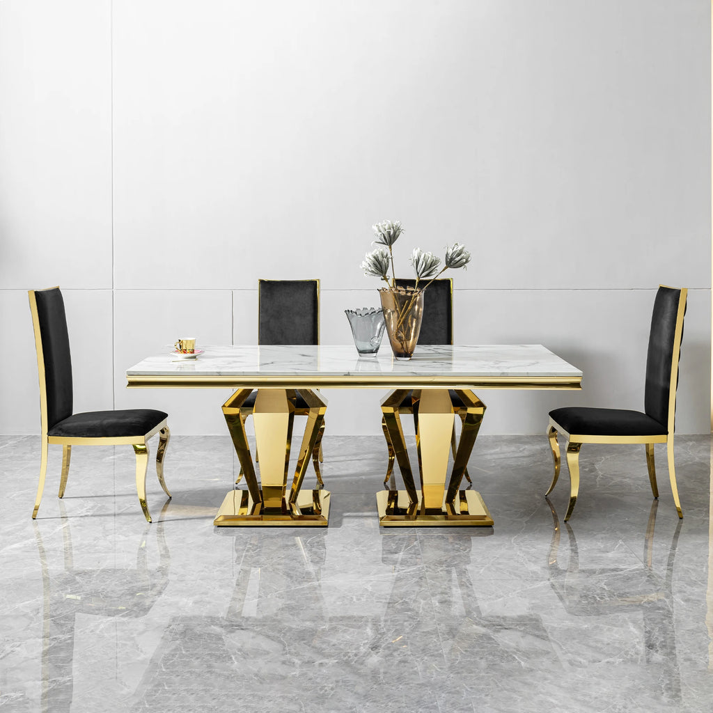 Rectangular MDF marble dining table with gold stainless steel base
