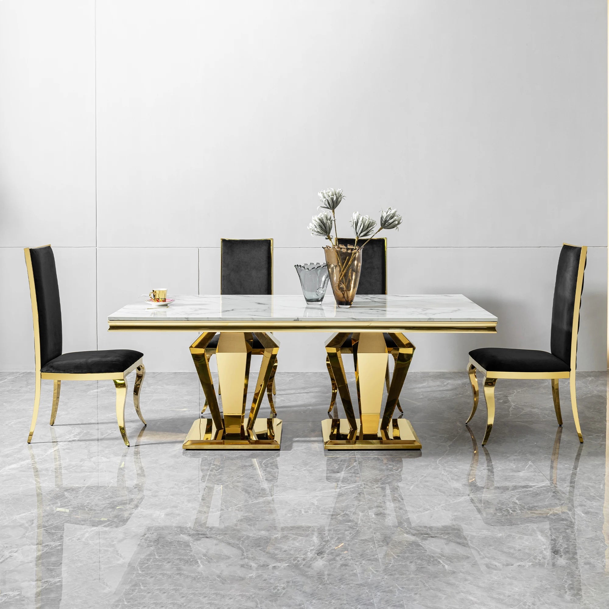 Rectangular MDF marble dining table with gold stainless steel base