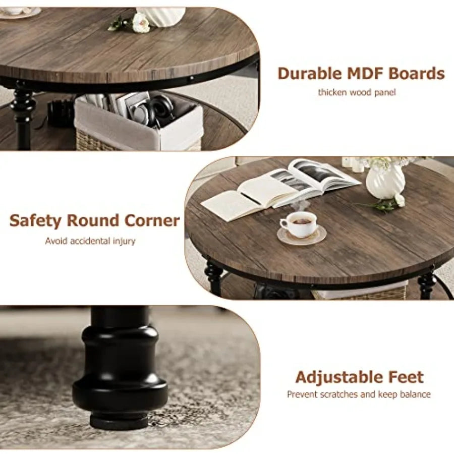 Round Coffee Table 30.3 with 2Tier Rustic Wood Desktop and Hidden Storage Shelf Modern Metal Roman Legs Design for Living Room