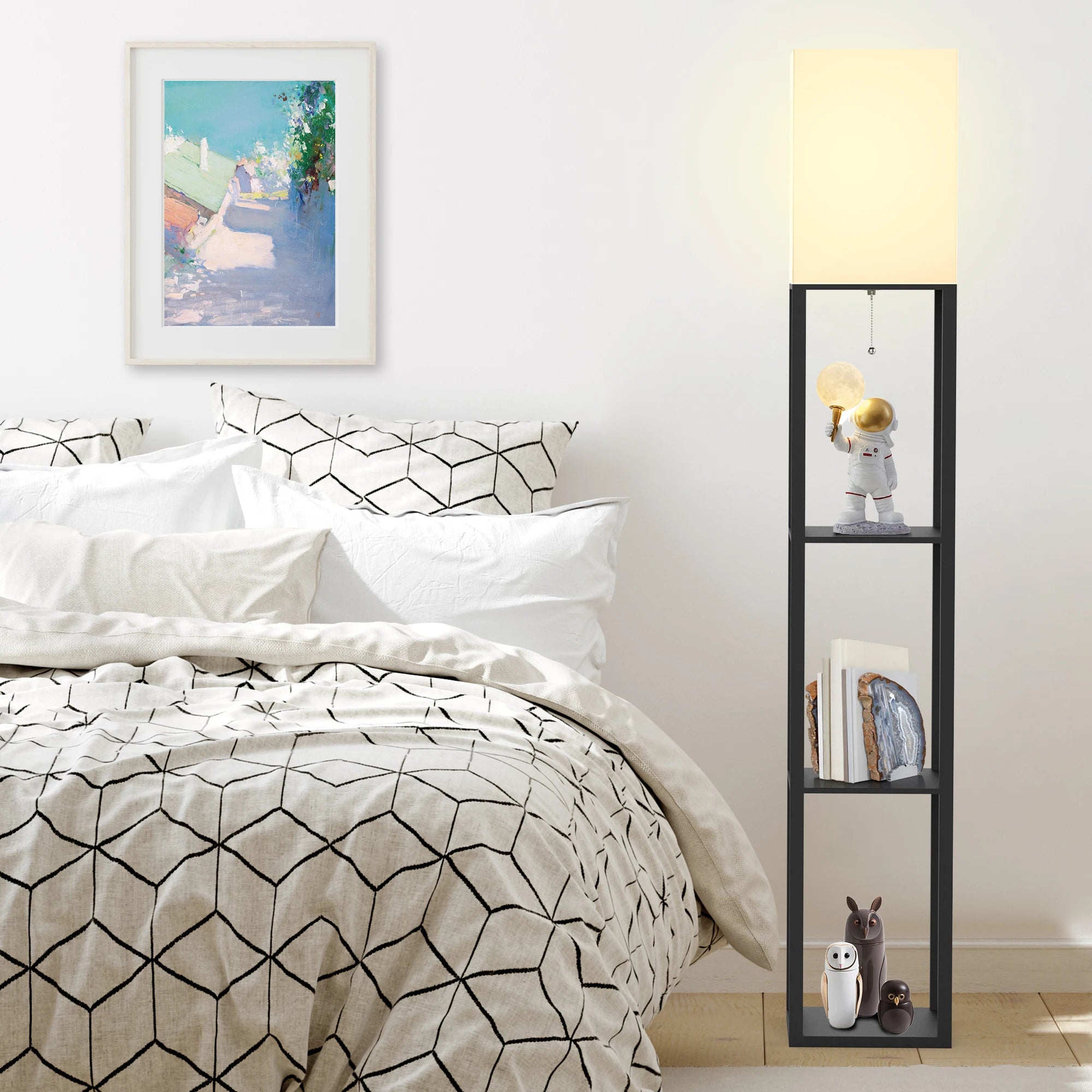 Real Wood Column Floor Lamp with Shelves