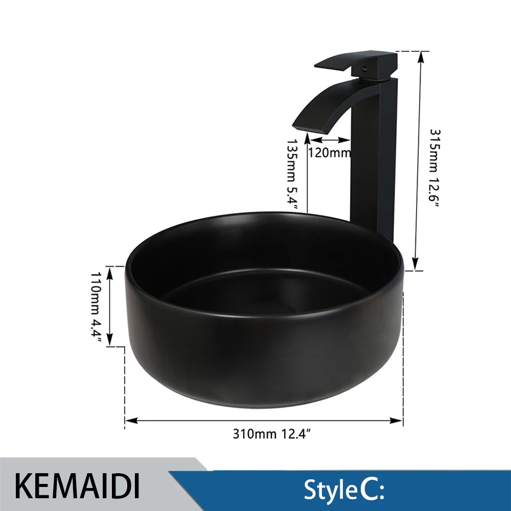 Matte Black Bathroom Ceramic Washing Bowl Sink w/Faucet Mixer Tap Set