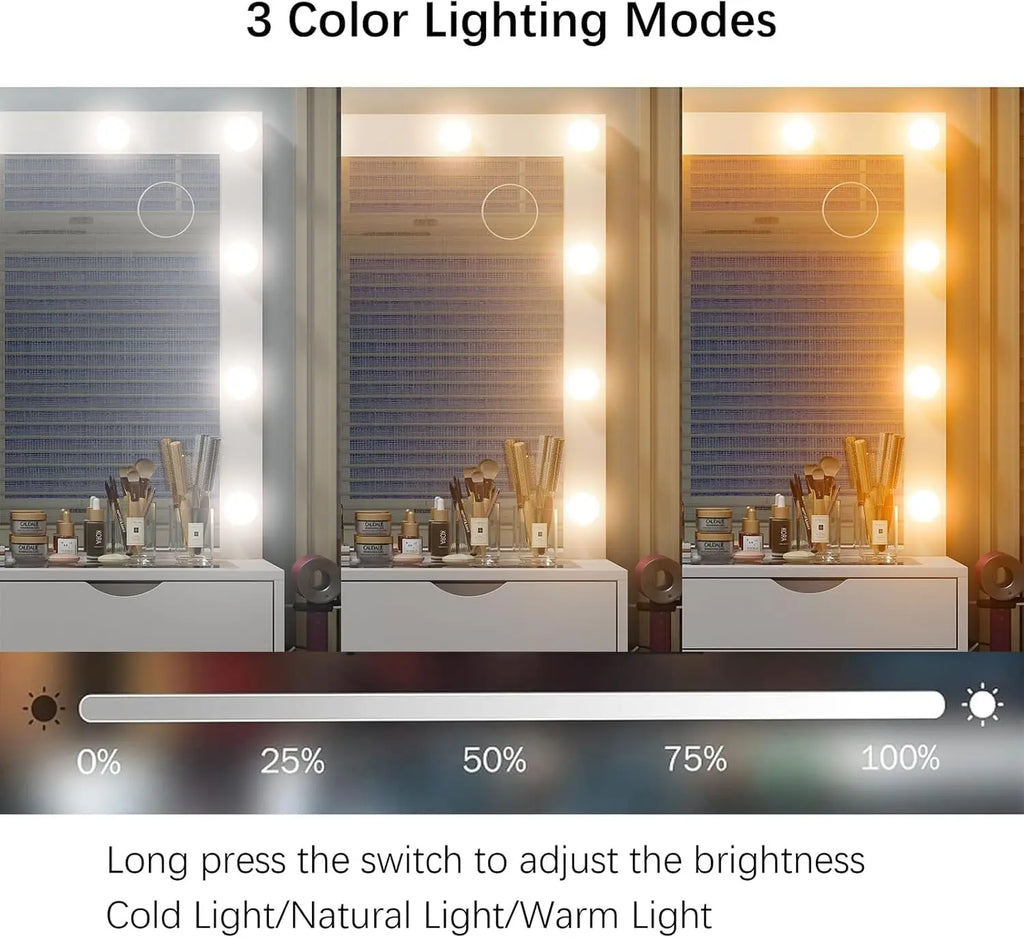 Vanity Desk with Mirror and Lights, Makeup Table with Charging Station