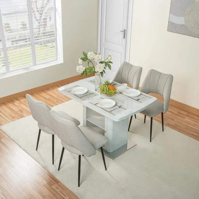 Expandable Square Dining Table with Printed White Marble Top and Storage Cabinet