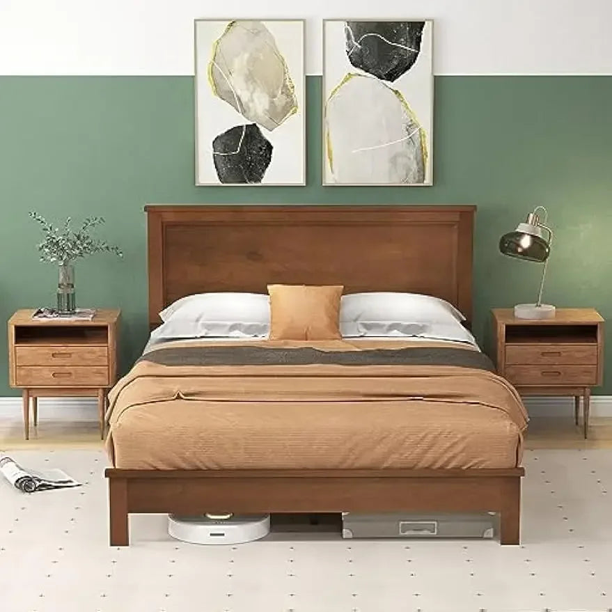 Wood Queen Platform Bed Frame with Headboard Walnut