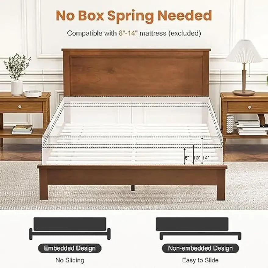 Wood Queen Platform Bed Frame with Headboard Walnut