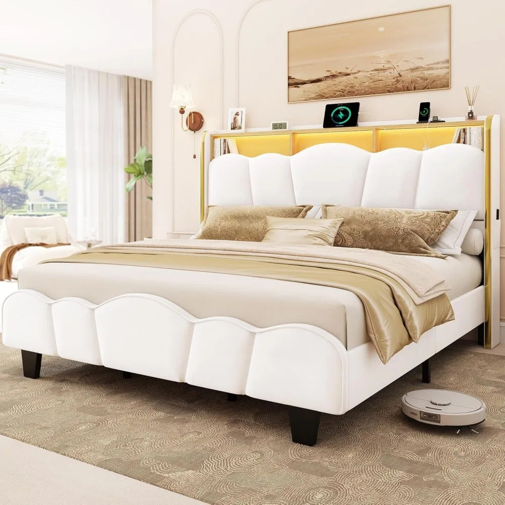 Velvet Upholstered  Bed Frame with LED Lights and Charging Station