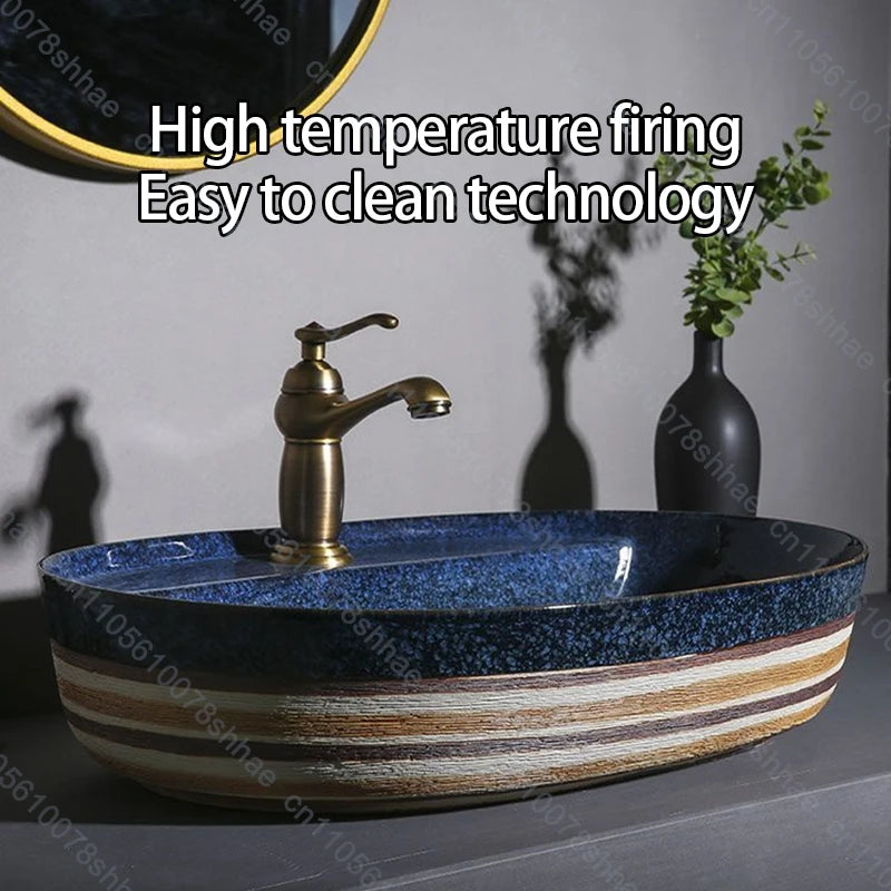 Vintage Ceramic Vessel Sink Oval Bathroom Art Countertop Basin