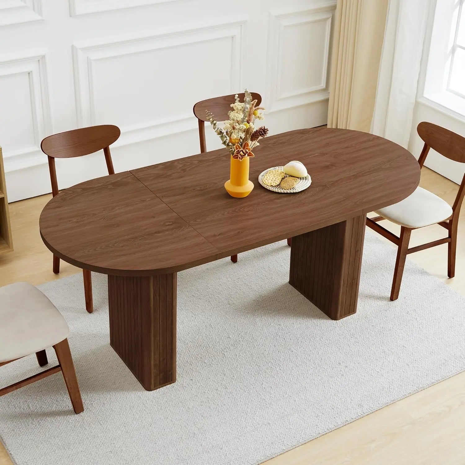 Oval Kitchen Dining Table for 4-6 People with Wood Strip Base