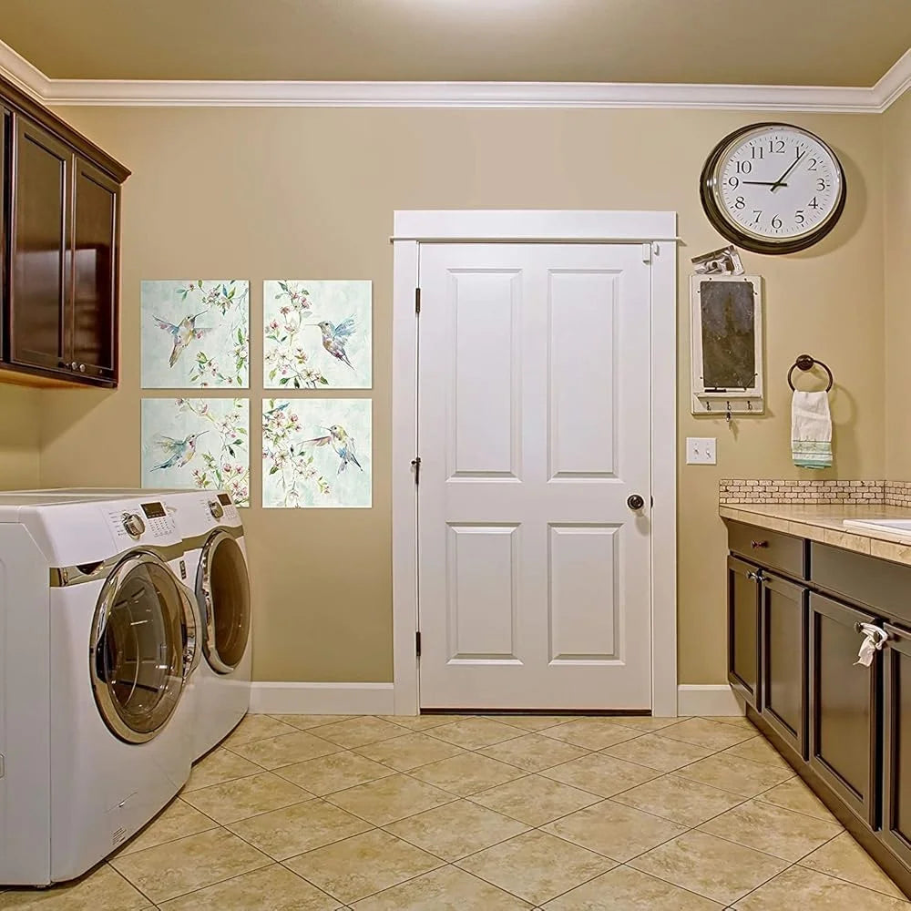 Hummingbird Spring Flowers Framed Canvas Wall Art (4 Panels Set)