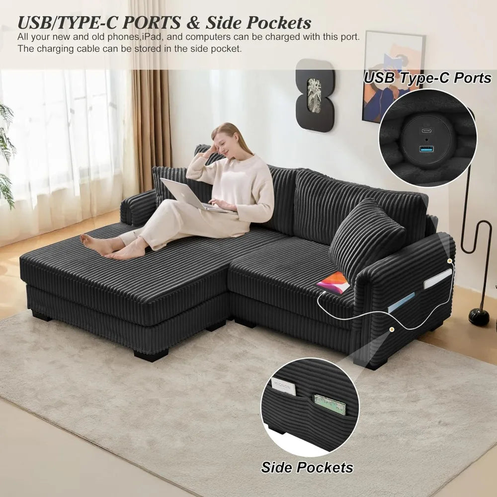 L-Shaped Couch with Convertible Chaise w/USB Charging Port, Side Pocket