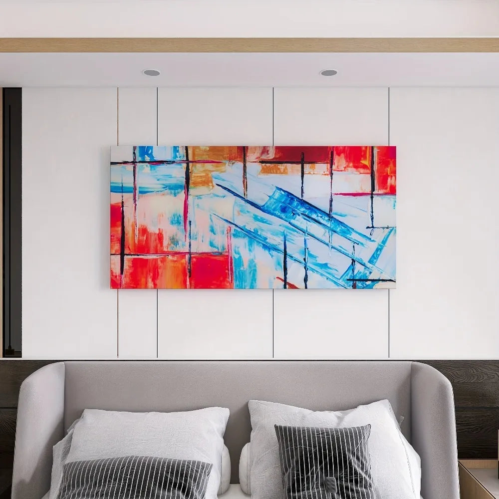 Abstract Blue, Red and Orange Canvas Wall Art w/pine wrapped frame