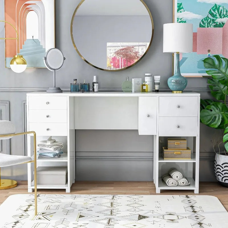 Modern Wood 6 Drawers Makeup Vanity Table with 4 Open Shelves