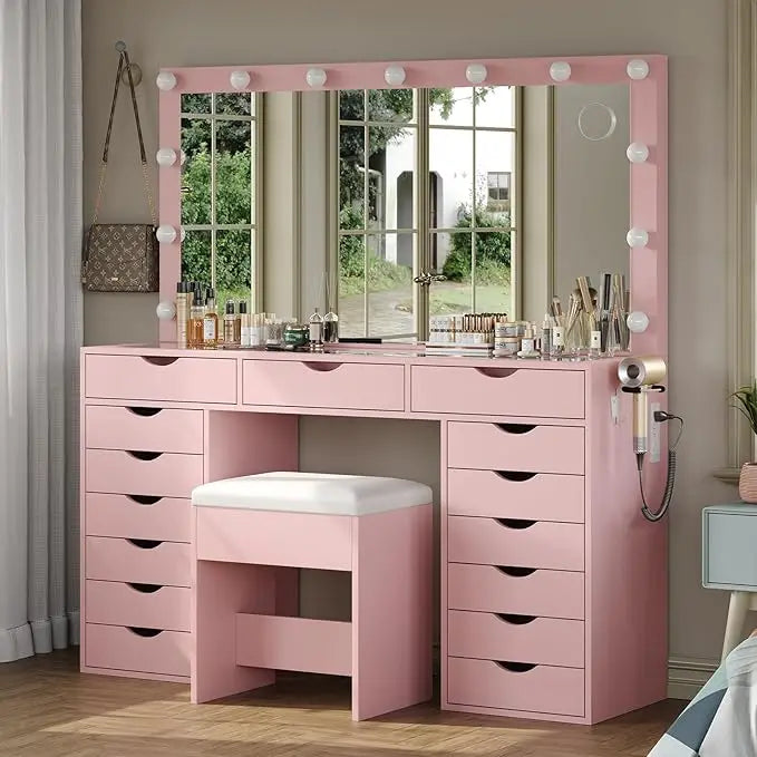 Vanity Desk with Mirror and Lights, Makeup Table with Charging Station