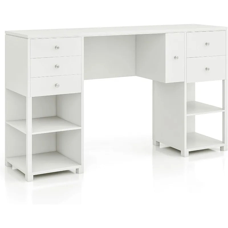 Modern Wood 6 Drawers Makeup Vanity Table with 4 Open Shelves