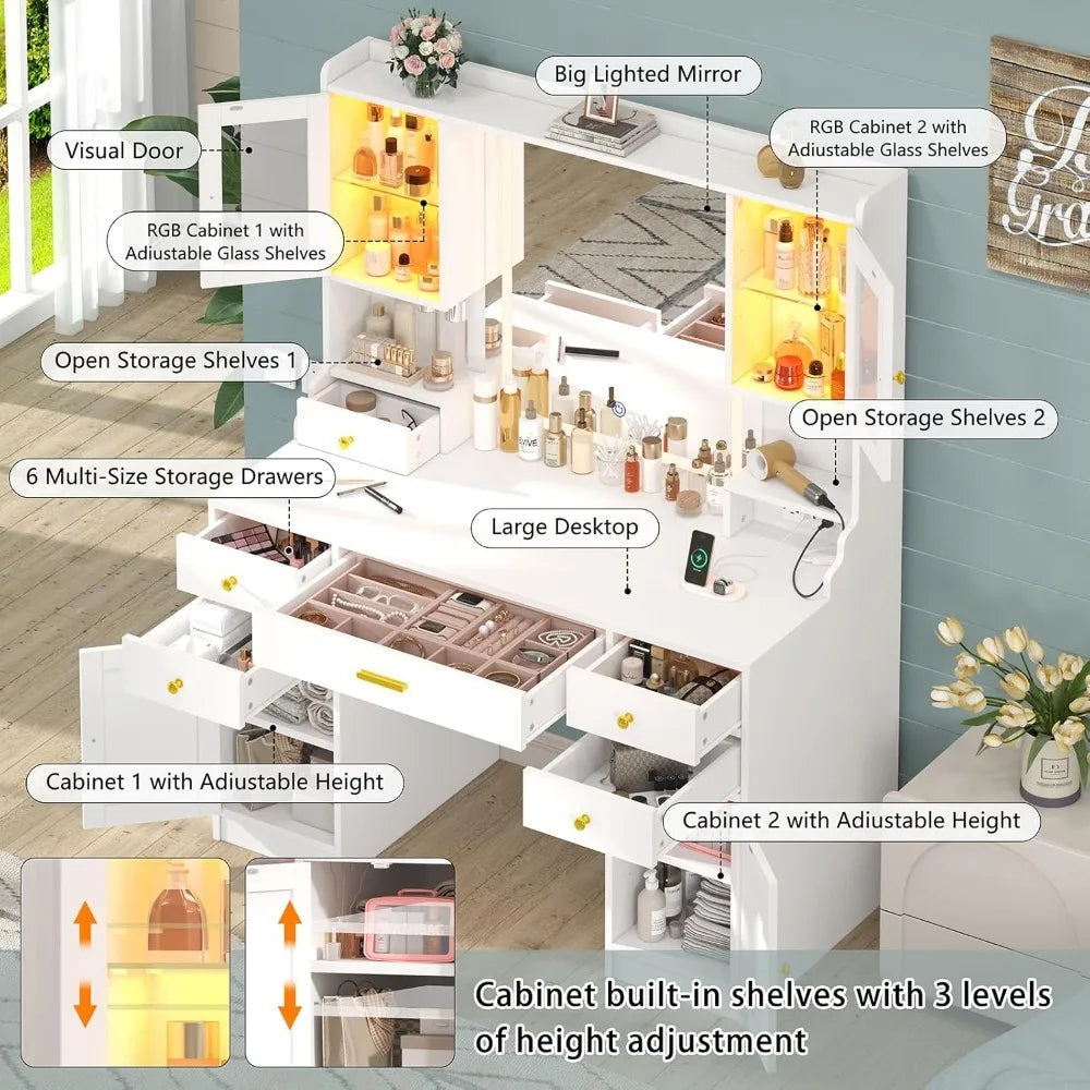 White Makeup Vanity Table with Charging Station, Mirror and Lights