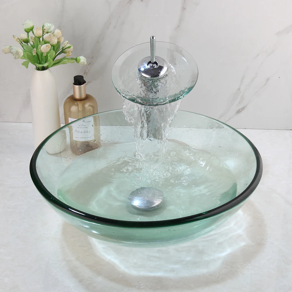 Round Tempered Clear Green Glass Vessel Bathroom Sink