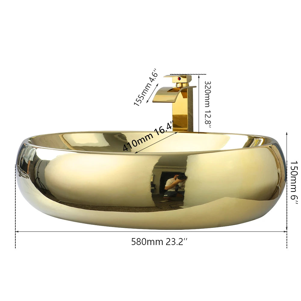 Gold Ceramic Bathroom Vessel Sink  Sink Bowl w/ Waterfall Faucet and Drain Combo