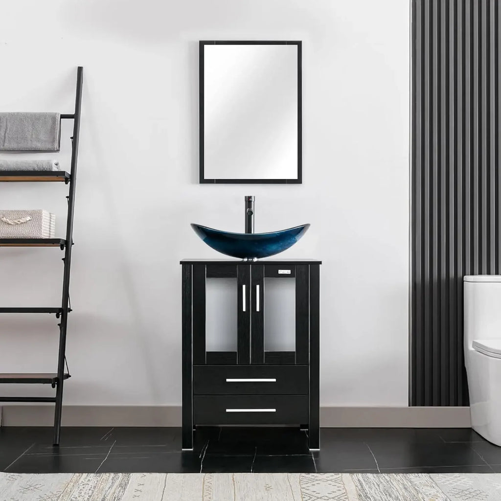 Vanity Sink Combo Black Stand Cabinet with Blue Boat Tempered Glass Vessel Sink w/Faucet