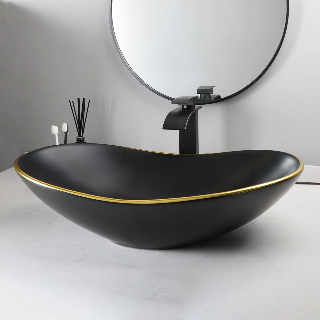 KEMAIDI Black Bathroom Sink with Gold Trim Oval Porcelain Vessel Sink with Faucet Drain Combo Above Counter Wash Basin Sink Bowl