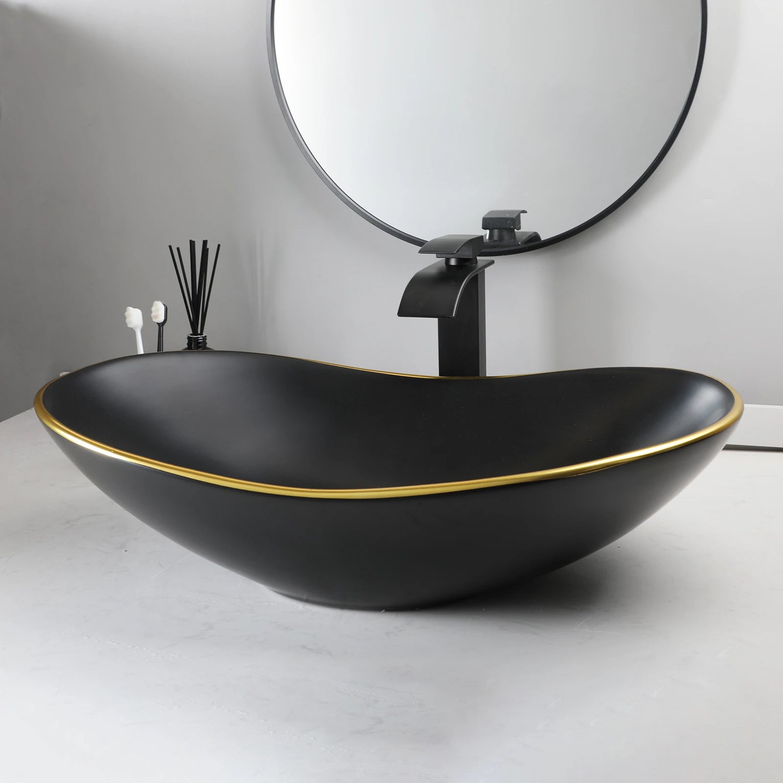 KEMAIDI Black Bathroom Sink with Gold Trim Oval Porcelain Vessel Sink with Faucet Drain Combo Above Counter Wash Basin Sink Bowl