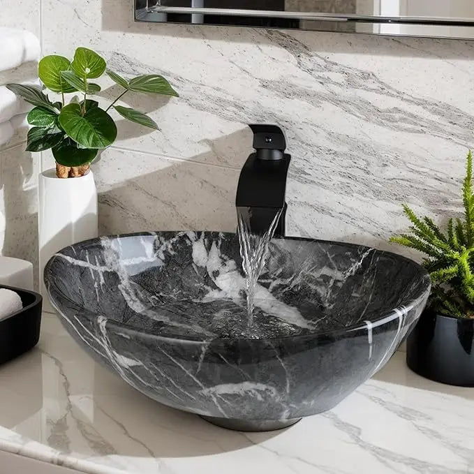 Oval Ceramic Vessel Sink w/Faucet & Unique Marbling