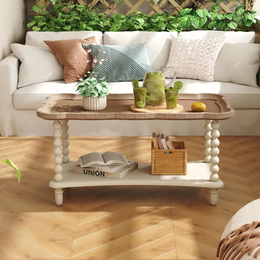 Rustic White French-Style Farmhouse Coffee Table with Storage Shelf for Living Room