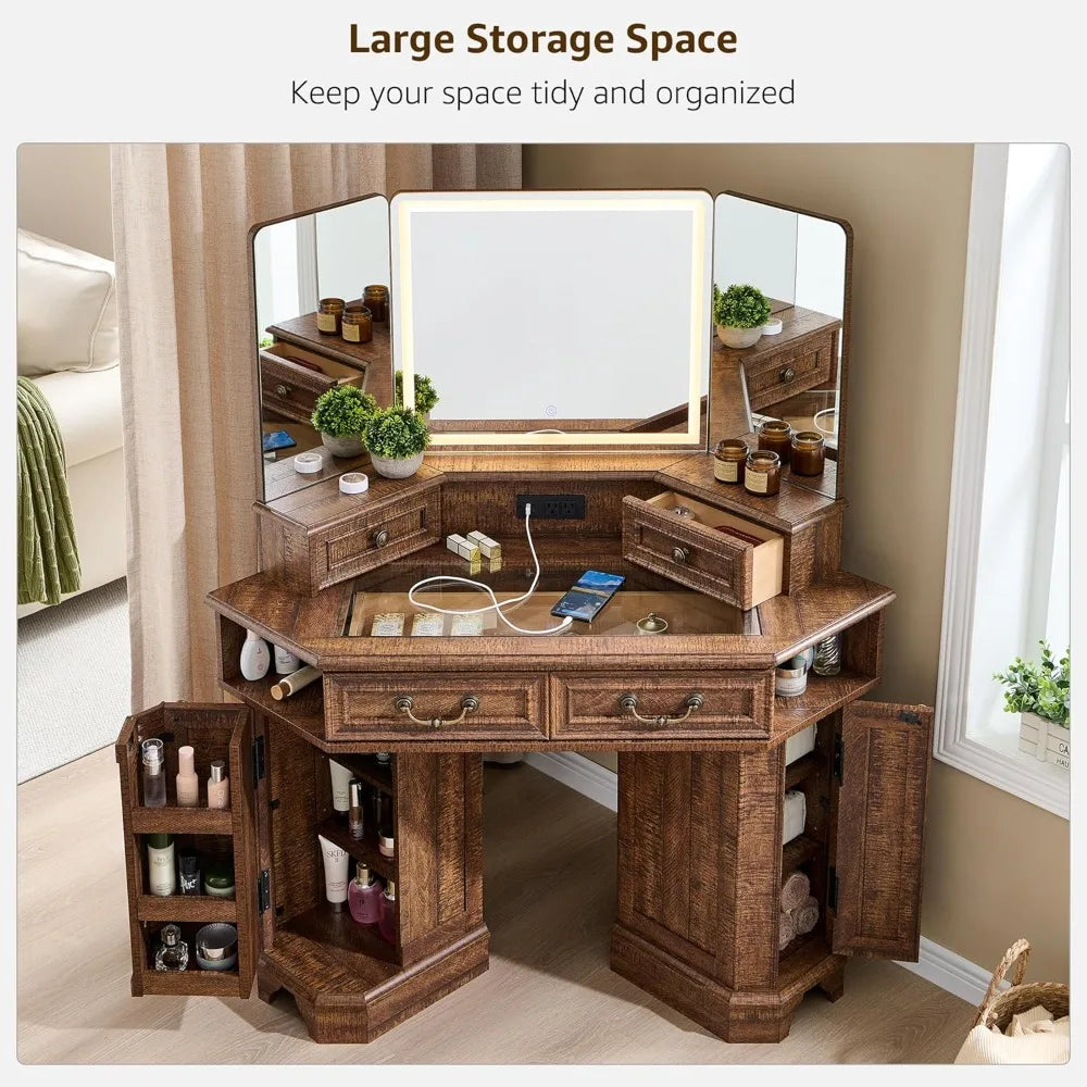 Large Farmhouse Corner Makeup Vanity Desk 48" with 3 Way Mirror and Lights