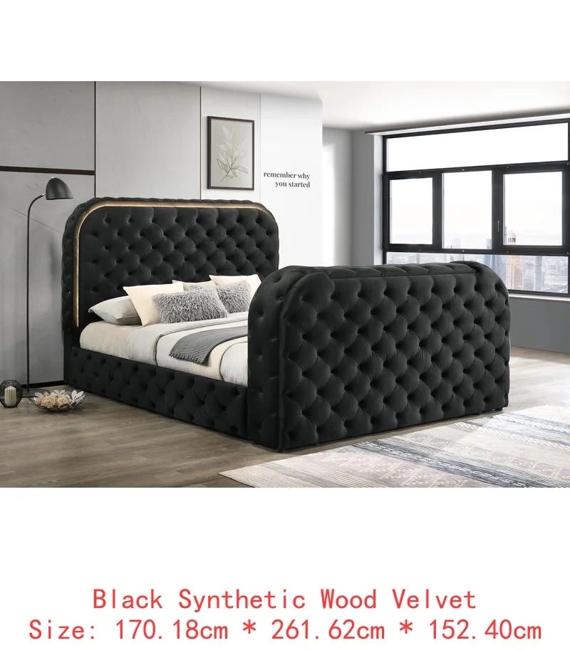 Velvet Eastern King Bed with LED, Fireplace & TV Stand