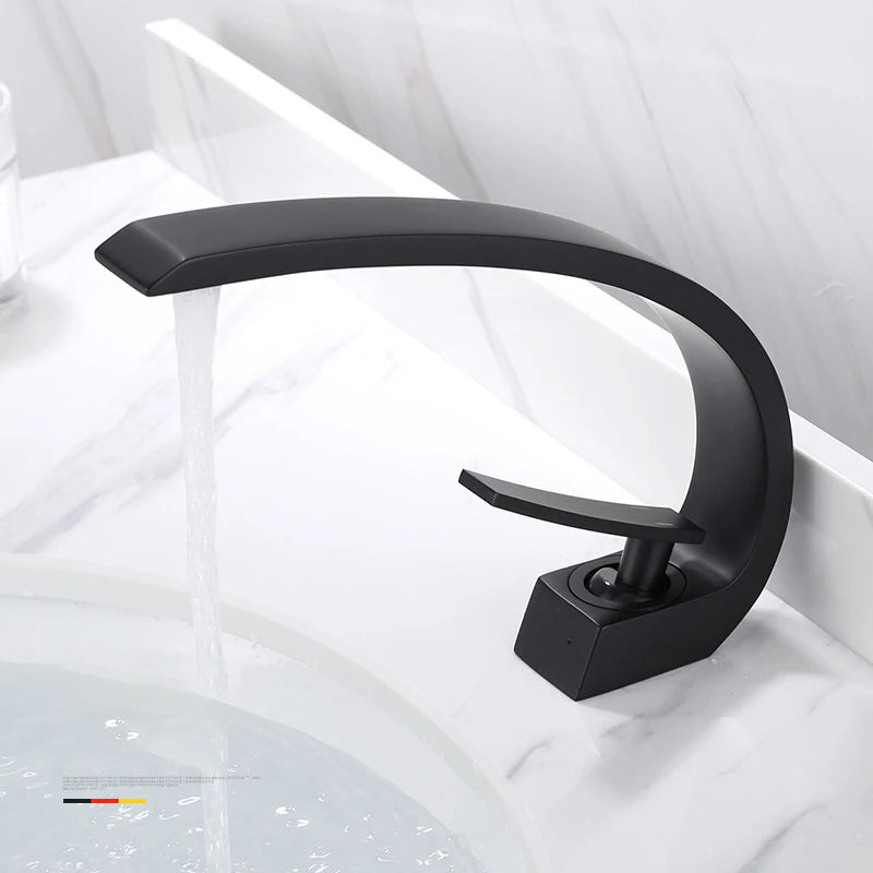 Bathroom Basin Faucet Arc Waterfall Tap Deck Mount Single Handle Single Hole Cold Hot Water Mixer Washing Sink Crane