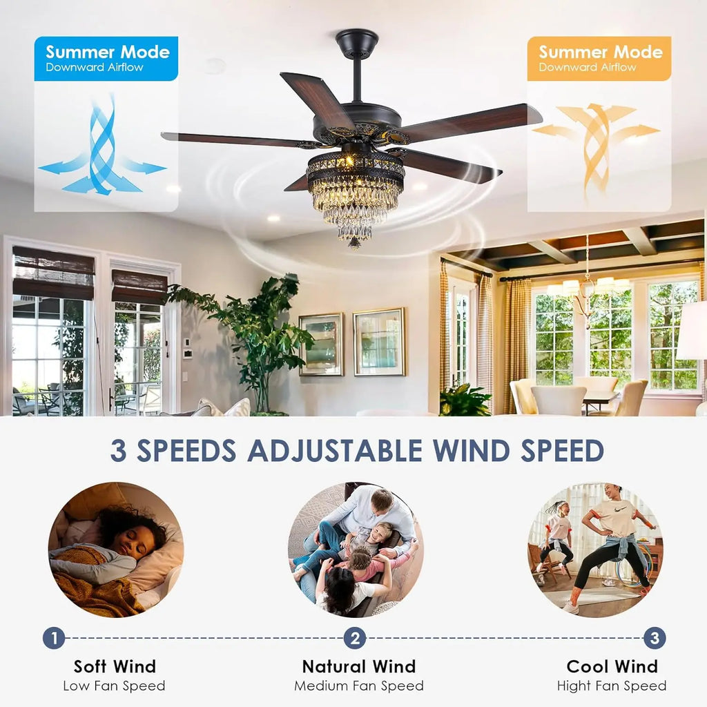 Crystal Ceiling Fan Fandelier with Lights - 52"