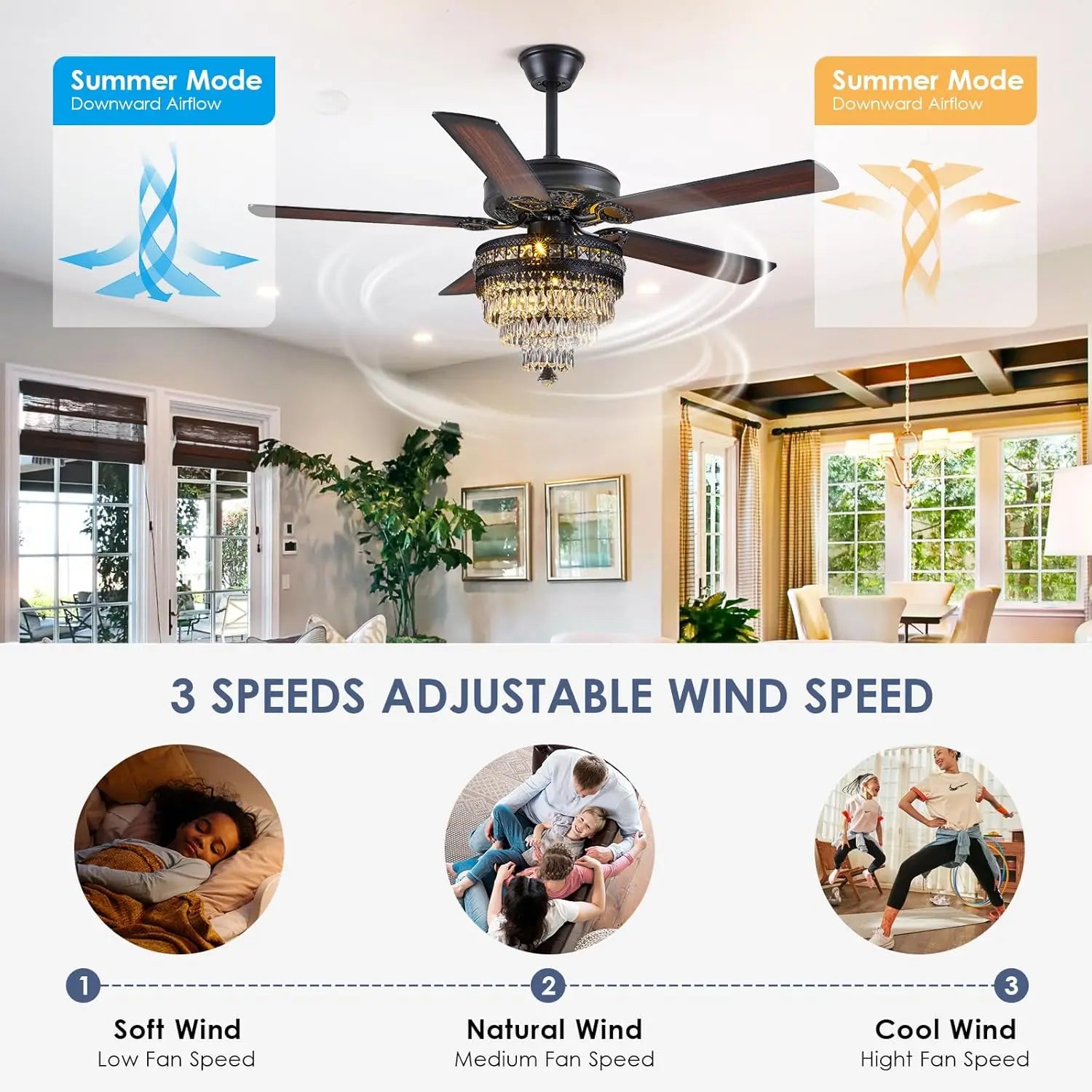 Crystal Ceiling Fan Fandelier with Lights - 52"