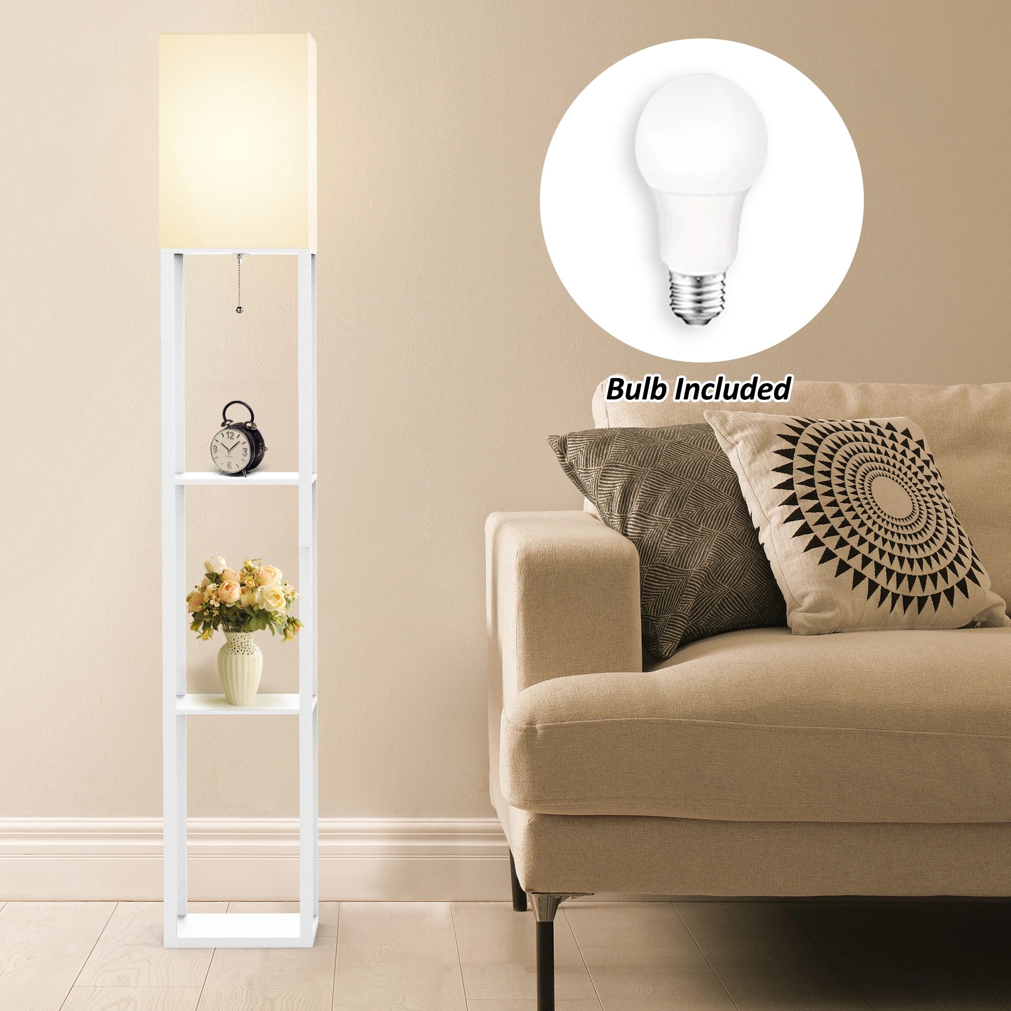 Real Wood Column Floor Lamp with Shelves